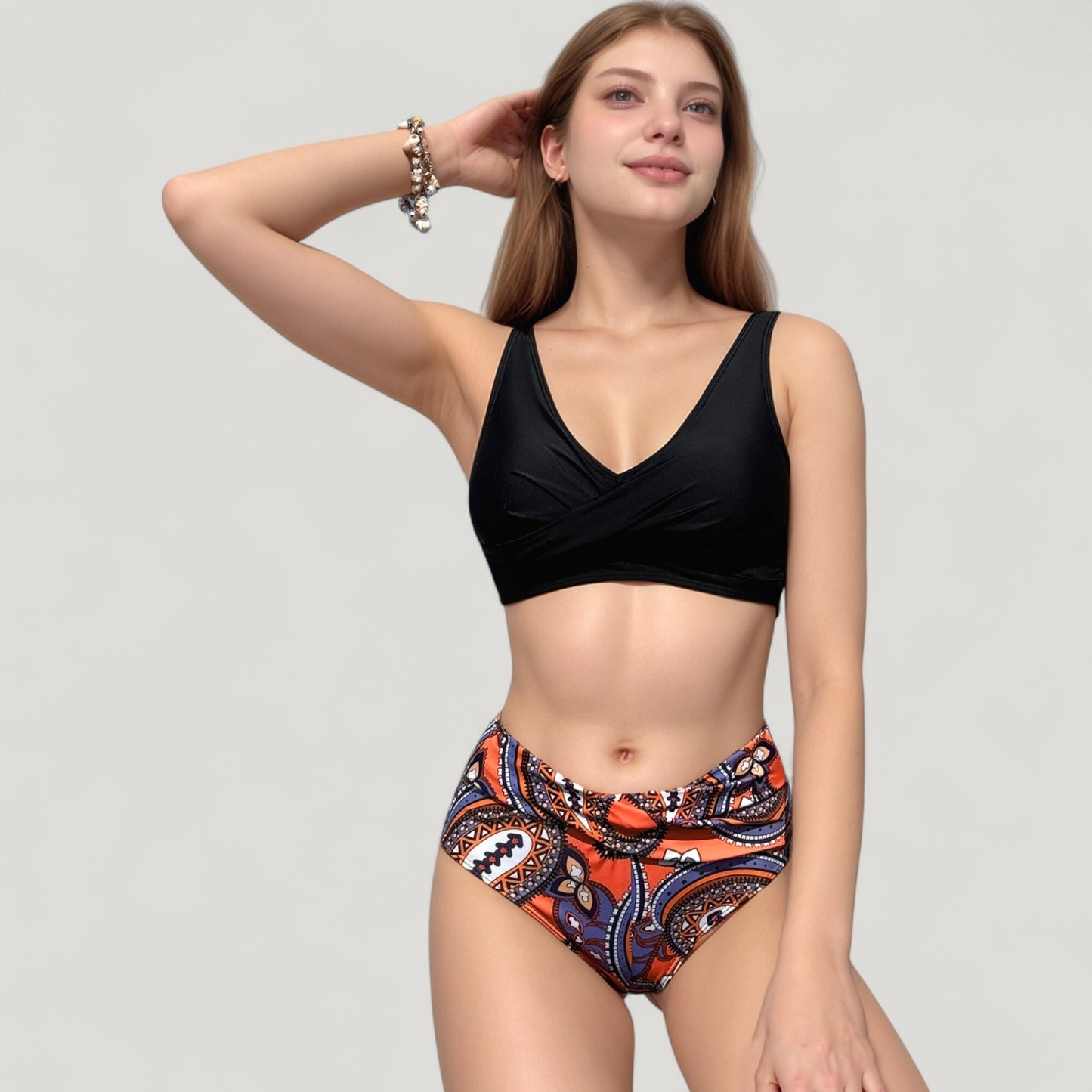 Wrap Front Bikini Top and High Waist Printed Bottom Two-Piece Swimsuit with Paisley Pattern Design