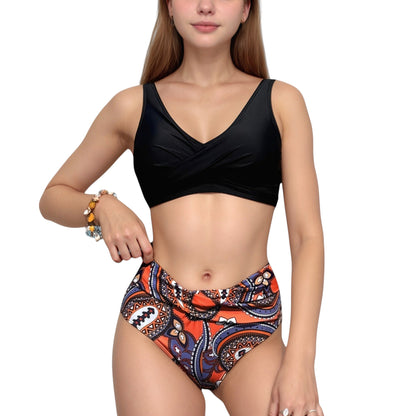 Wrap Front Bikini Top and High Waist Printed Bottom Two-Piece Swimsuit with Paisley Pattern Design