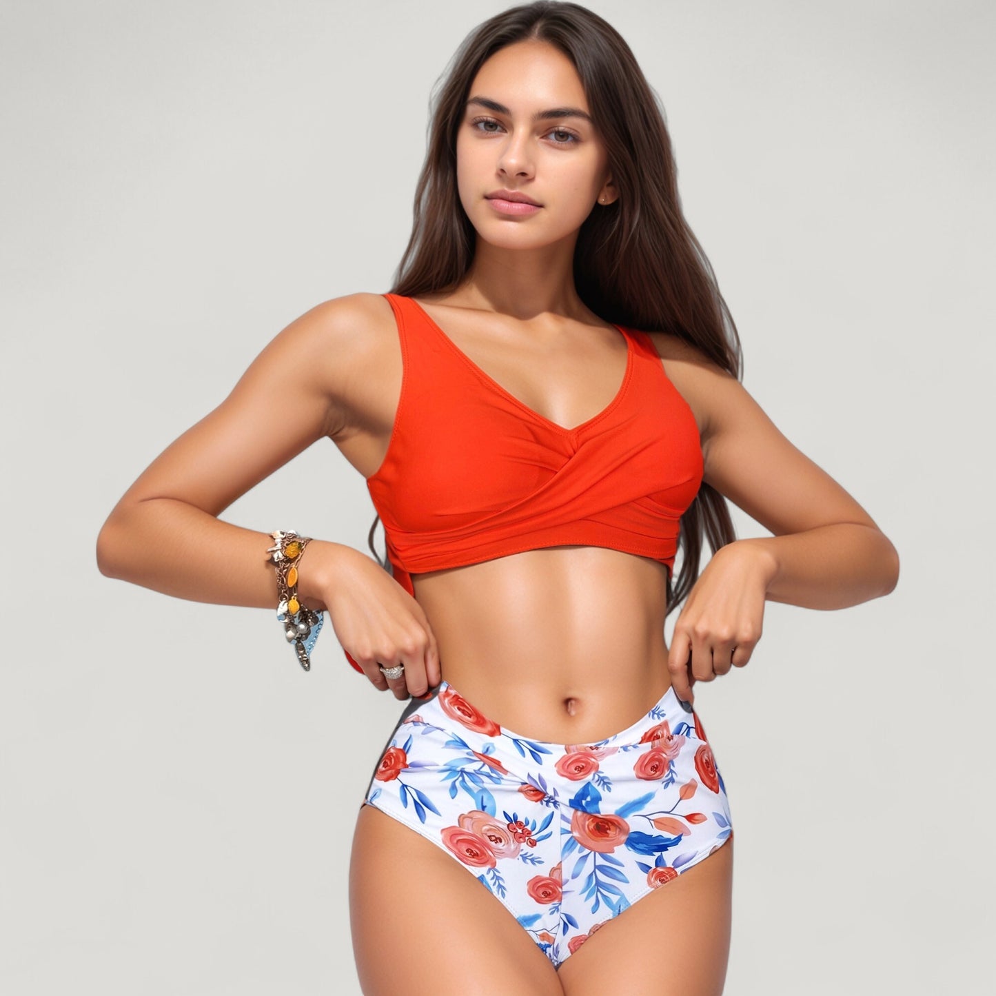Wrap Front Bikini Top and High Waist Printed Bottom Two-Piece Swimsuit with Paisley Pattern Design