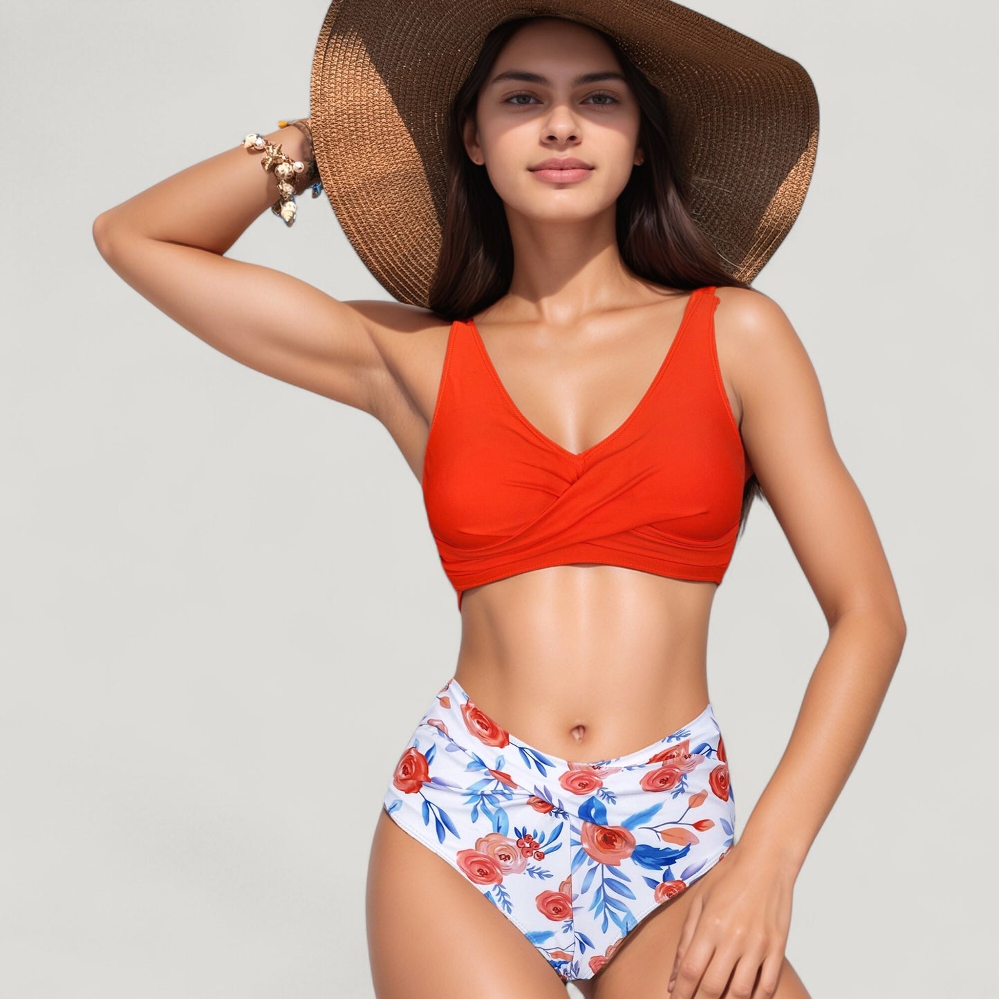 Wrap Front Bikini Top and High Waist Printed Bottom Two-Piece Swimsuit with Paisley Pattern Design