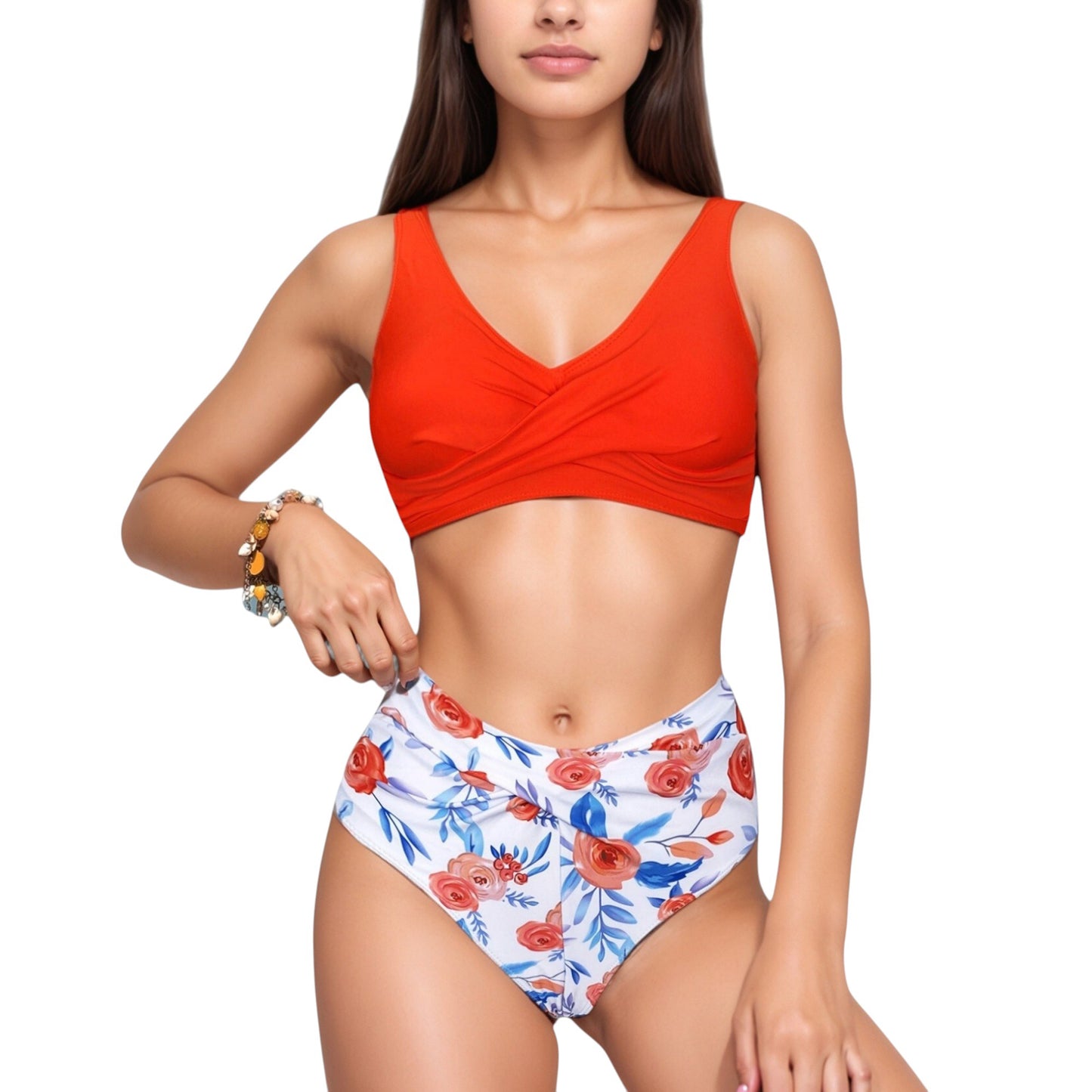 Wrap Front Bikini Top and High Waist Printed Bottom Two-Piece Swimsuit with Paisley Pattern Design