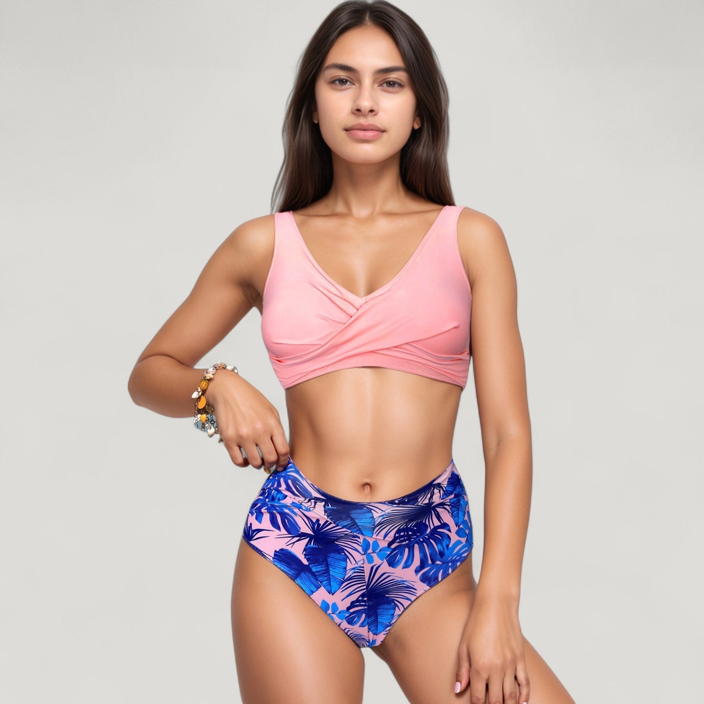Wrap Front Bikini Top and High Waist Printed Bottom Two-Piece Swimsuit with Paisley Pattern Design