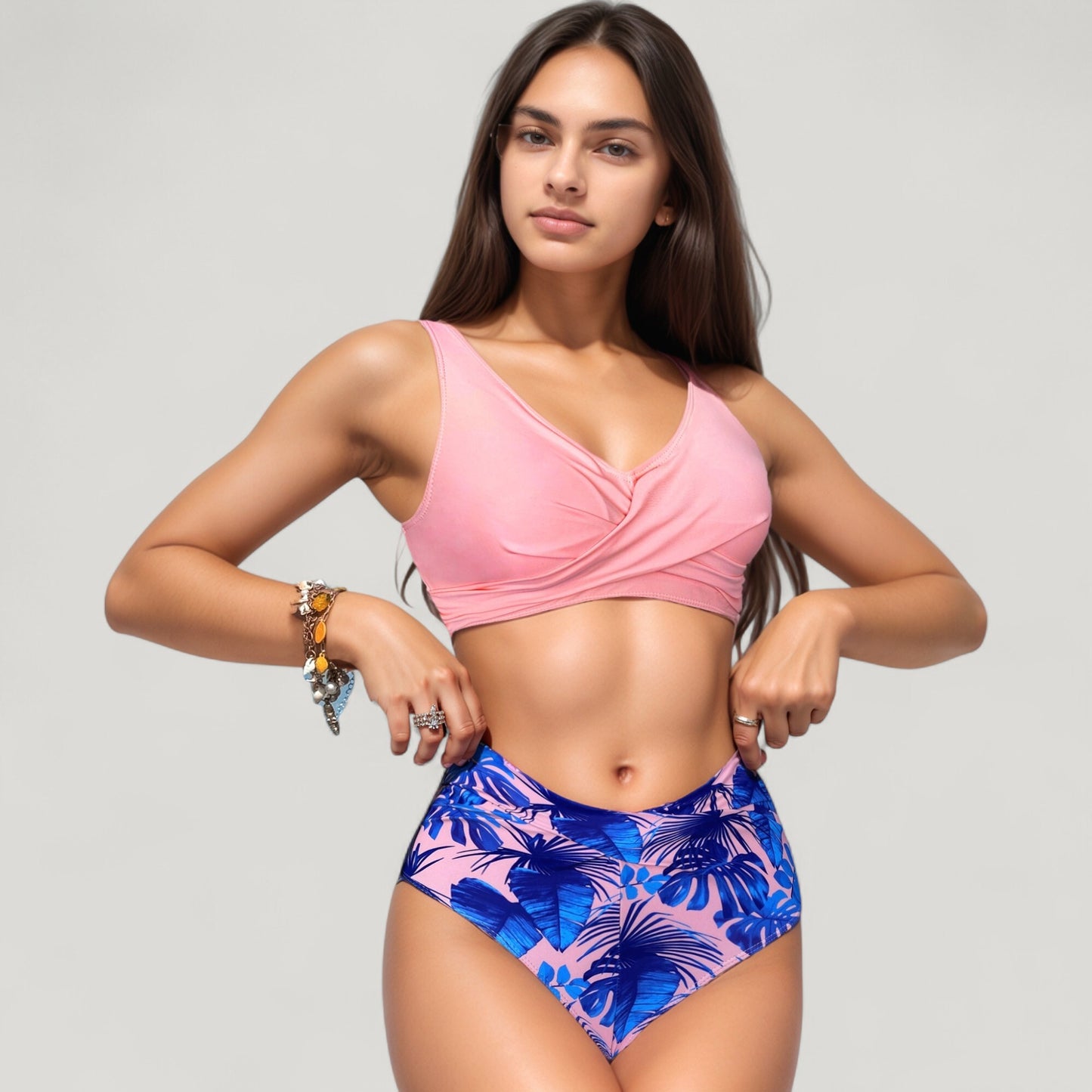 Wrap Front Bikini Top and High Waist Printed Bottom Two-Piece Swimsuit with Paisley Pattern Design