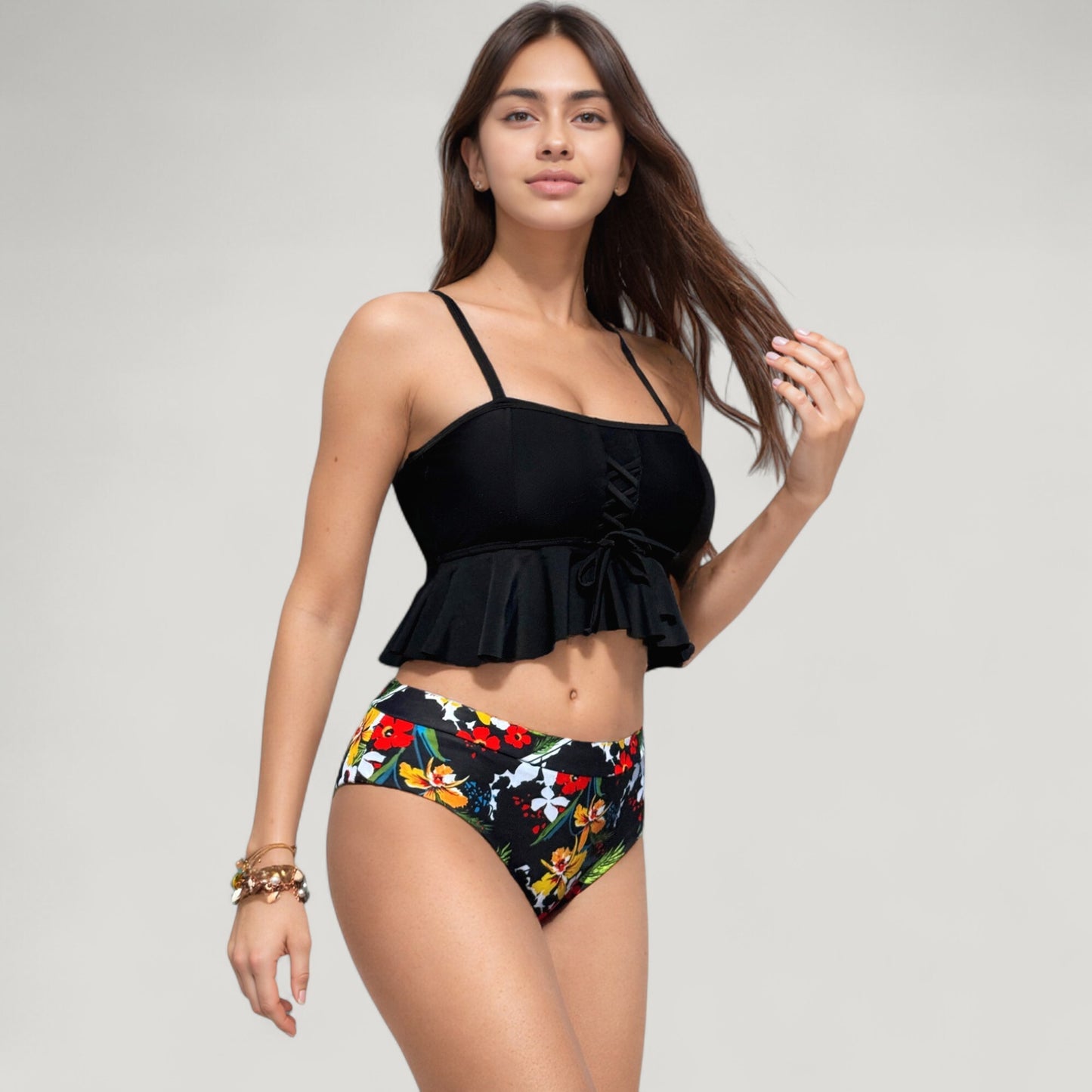 Peplum Lace-Up Tankini Top and High Waist Floral Print Bikini Bottom Two-Piece Swimsuit