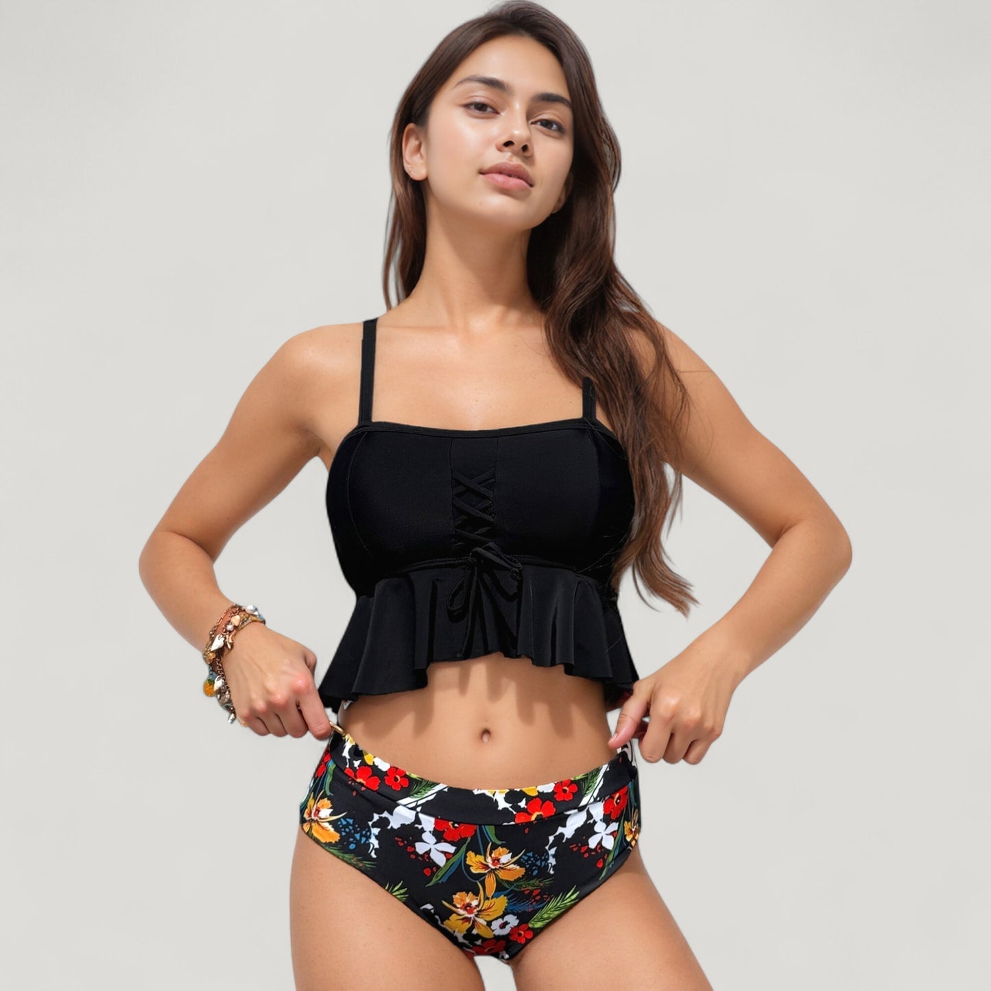 Peplum Lace-Up Tankini Top and High Waist Floral Print Bikini Bottom Two-Piece Swimsuit