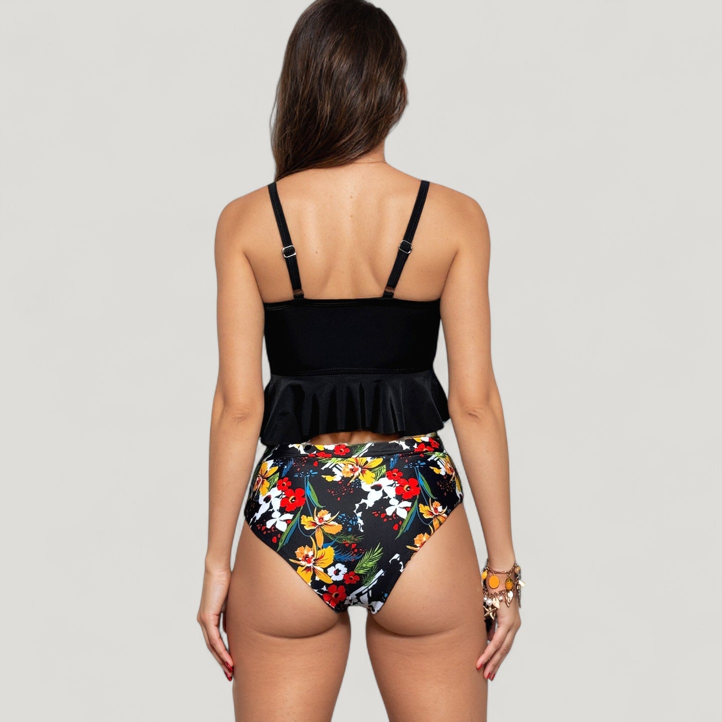 Peplum Lace-Up Tankini Top and High Waist Floral Print Bikini Bottom Two-Piece Swimsuit