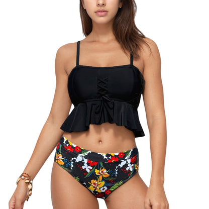 Peplum Lace-Up Tankini Top and High Waist Floral Print Bikini Bottom Two-Piece Swimsuit