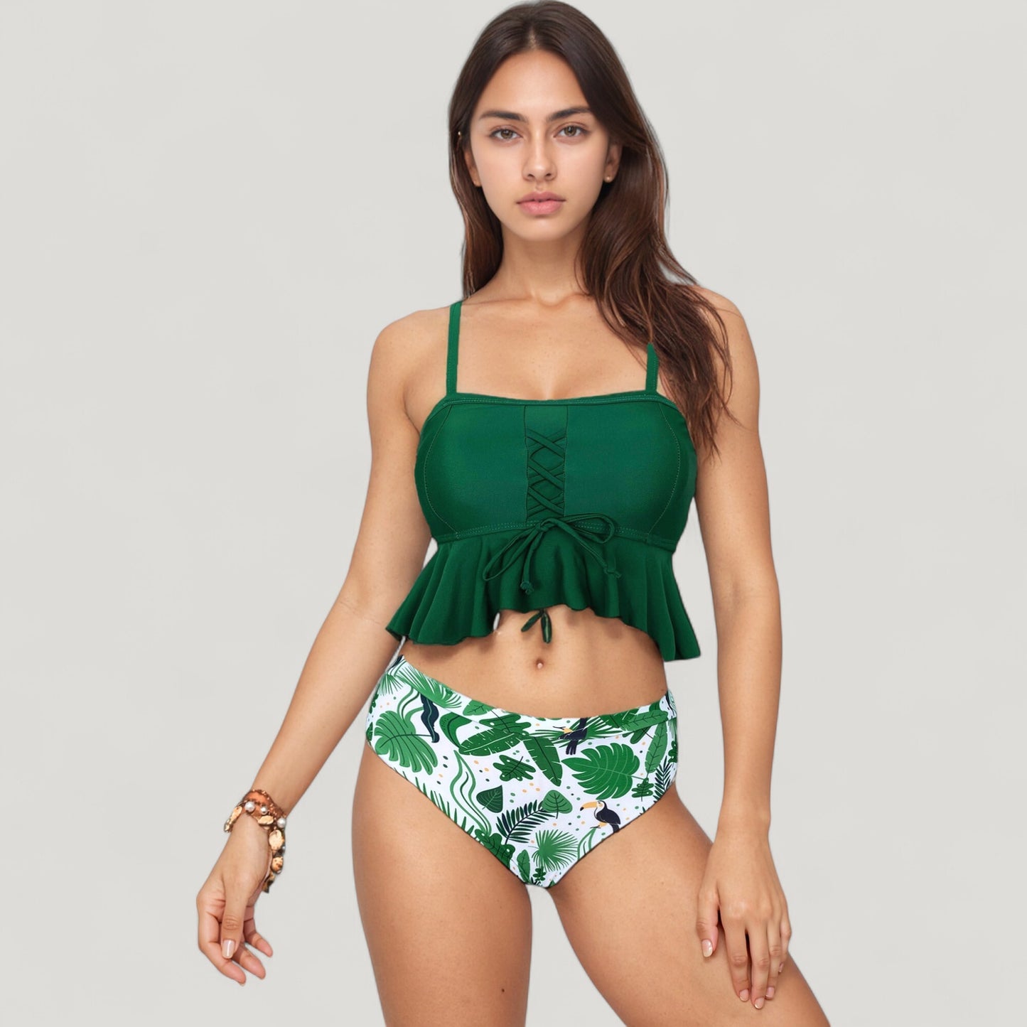 Peplum Lace-Up Tankini Top and High Waist Floral Print Bikini Bottom Two-Piece Swimsuit