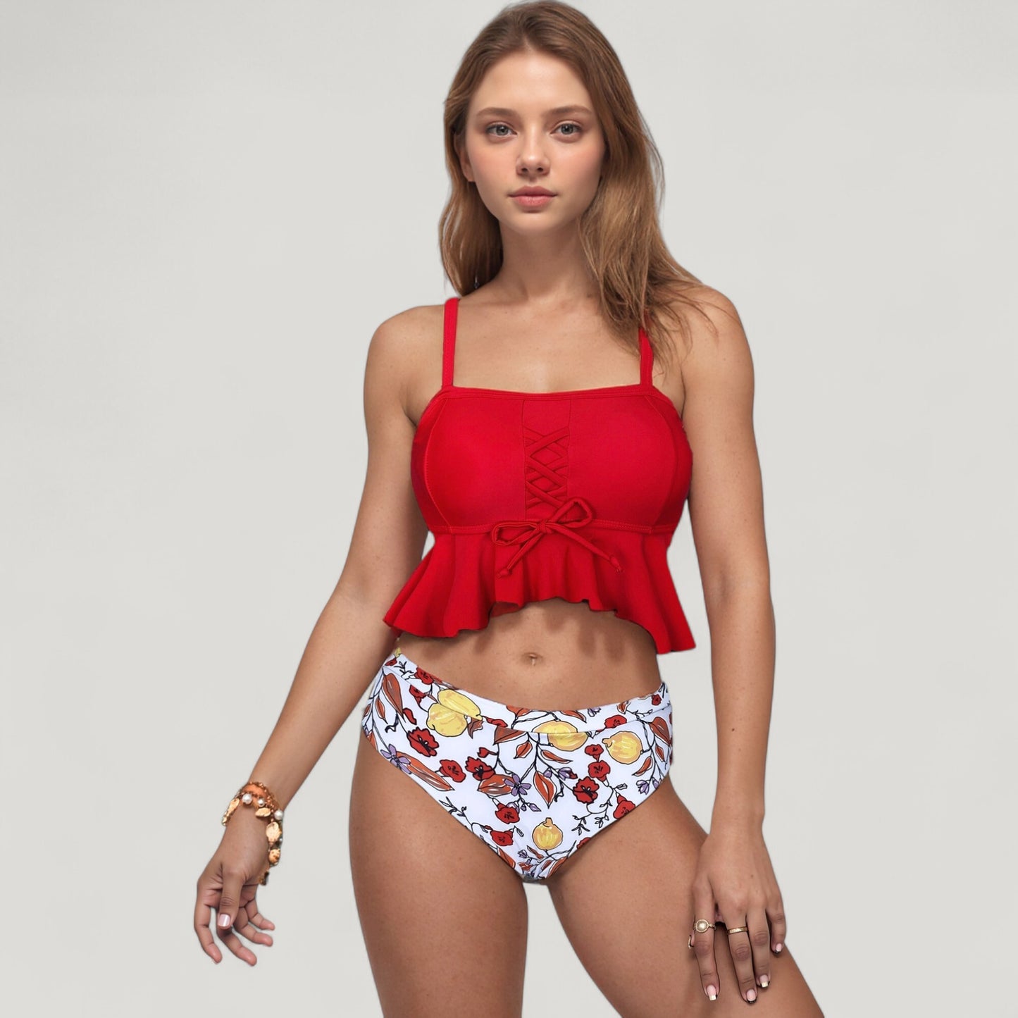 Peplum Lace-Up Tankini Top and High Waist Floral Print Bikini Bottom Two-Piece Swimsuit