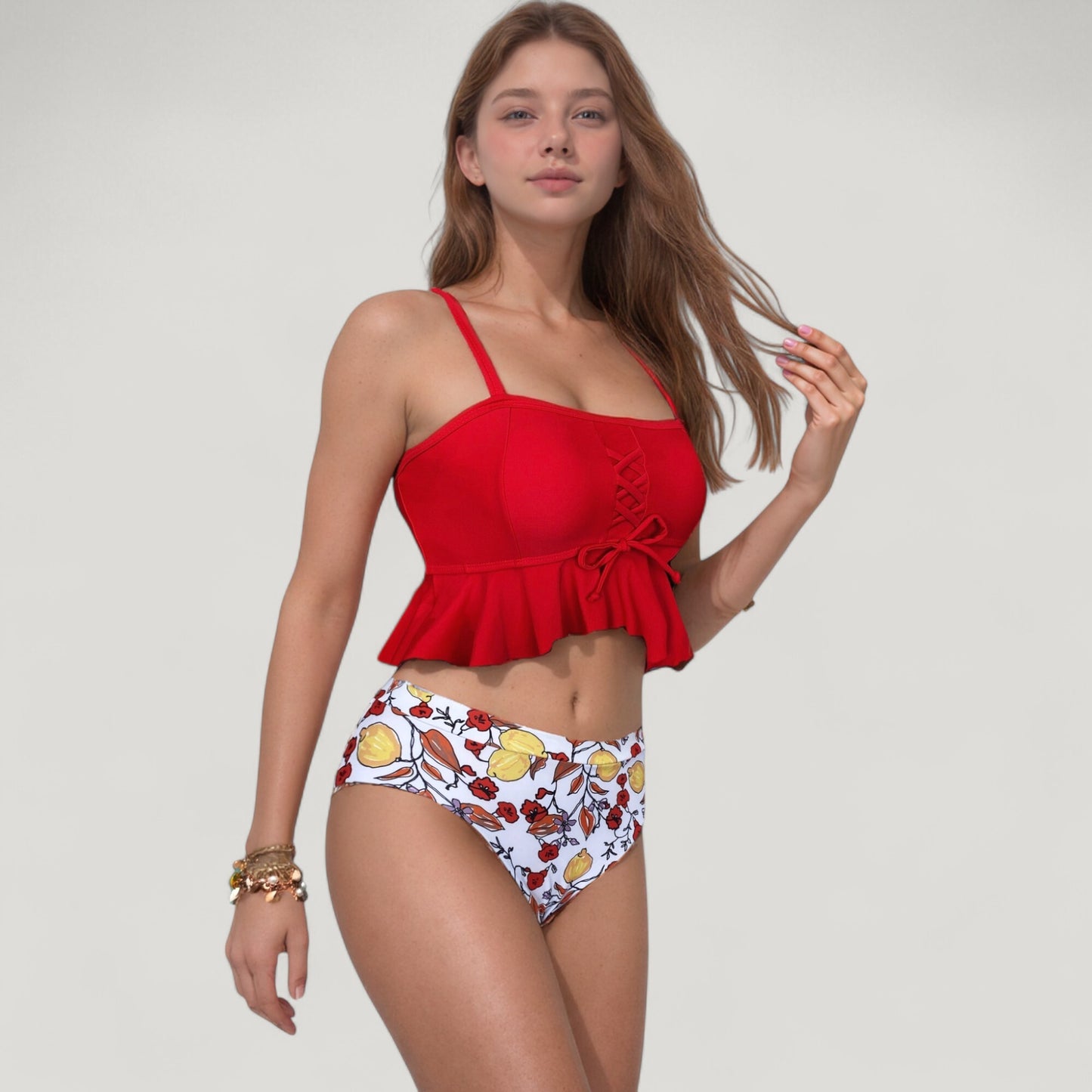 Peplum Lace-Up Tankini Top and High Waist Floral Print Bikini Bottom Two-Piece Swimsuit