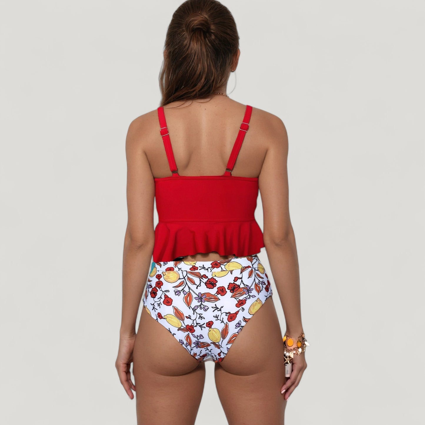 Peplum Lace-Up Tankini Top and High Waist Floral Print Bikini Bottom Two-Piece Swimsuit