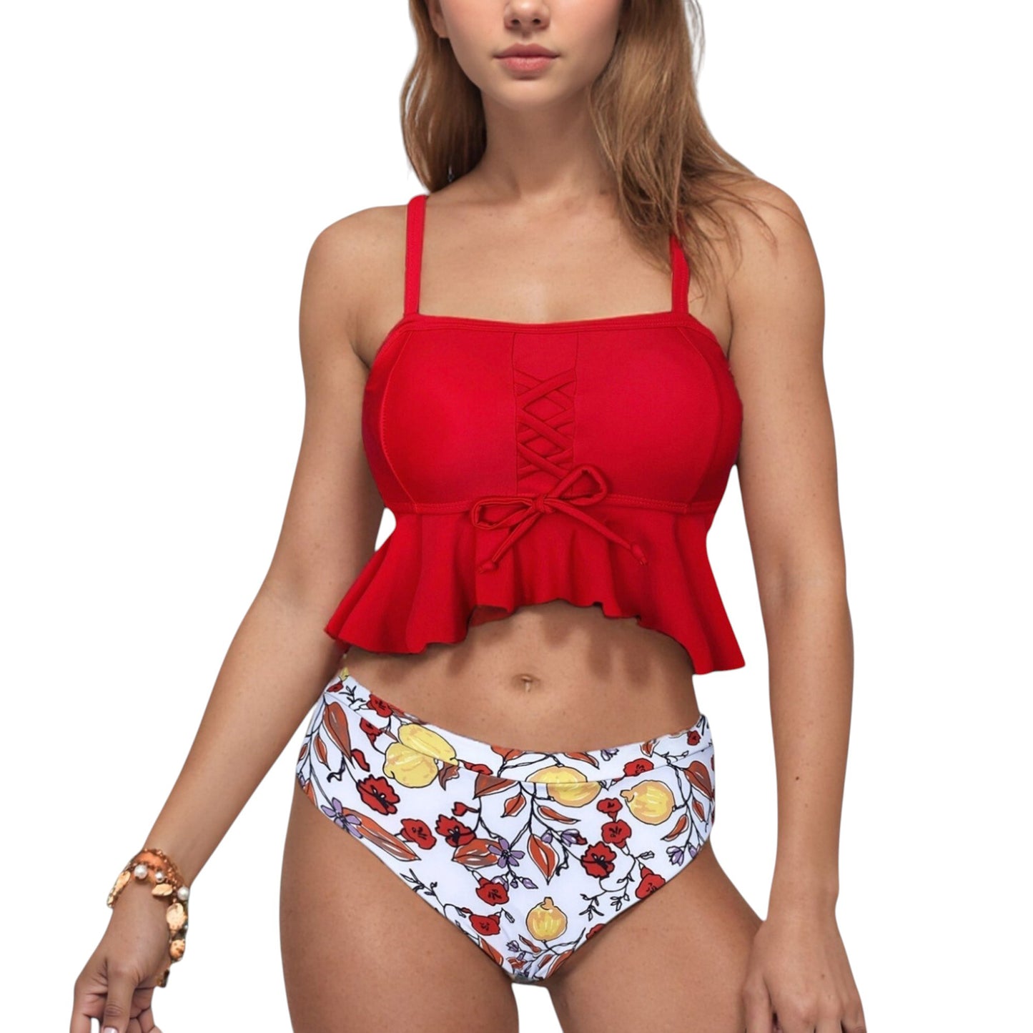 Peplum Lace-Up Tankini Top and High Waist Floral Print Bikini Bottom Two-Piece Swimsuit