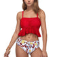 Peplum Lace-Up Tankini Top and High Waist Floral Print Bikini Bottom Two-Piece Swimsuit