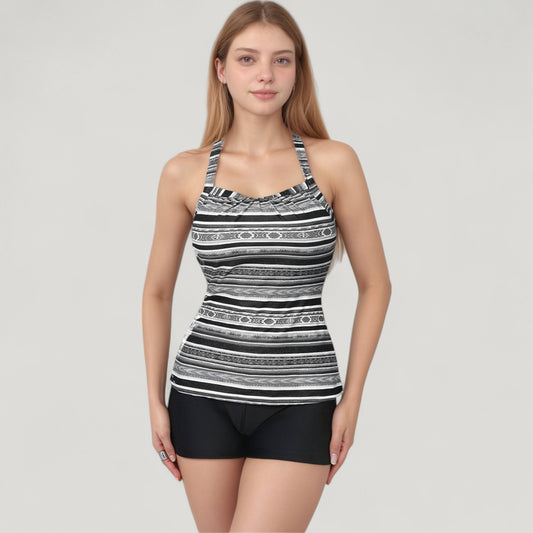 Striped Tankini Top and Mid-Rise Swim Shorts Two-Piece Swimsuit with Ruched Neckline and Wide Shoulder Straps