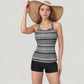Striped Tankini Top and Mid-Rise Swim Shorts Two-Piece Swimsuit with Ruched Neckline and Wide Shoulder Straps
