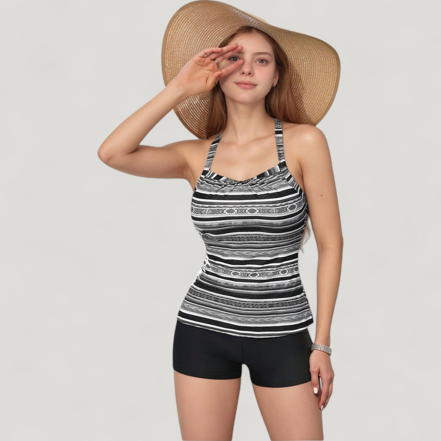 Striped Tankini Top and Mid-Rise Swim Shorts Two-Piece Swimsuit with Ruched Neckline and Wide Shoulder Straps