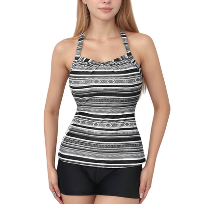 Striped Tankini Top and Mid-Rise Swim Shorts Two-Piece Swimsuit with Ruched Neckline and Wide Shoulder Straps