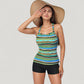 Striped Tankini Top and Mid-Rise Swim Shorts Two-Piece Swimsuit with Ruched Neckline and Wide Shoulder Straps