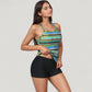 Striped Tankini Top and Mid-Rise Swim Shorts Two-Piece Swimsuit with Ruched Neckline and Wide Shoulder Straps