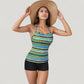 Striped Tankini Top and Mid-Rise Swim Shorts Two-Piece Swimsuit with Ruched Neckline and Wide Shoulder Straps