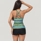 Striped Tankini Top and Mid-Rise Swim Shorts Two-Piece Swimsuit with Ruched Neckline and Wide Shoulder Straps