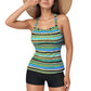 Striped Tankini Top and Mid-Rise Swim Shorts Two-Piece Swimsuit with Ruched Neckline and Wide Shoulder Straps