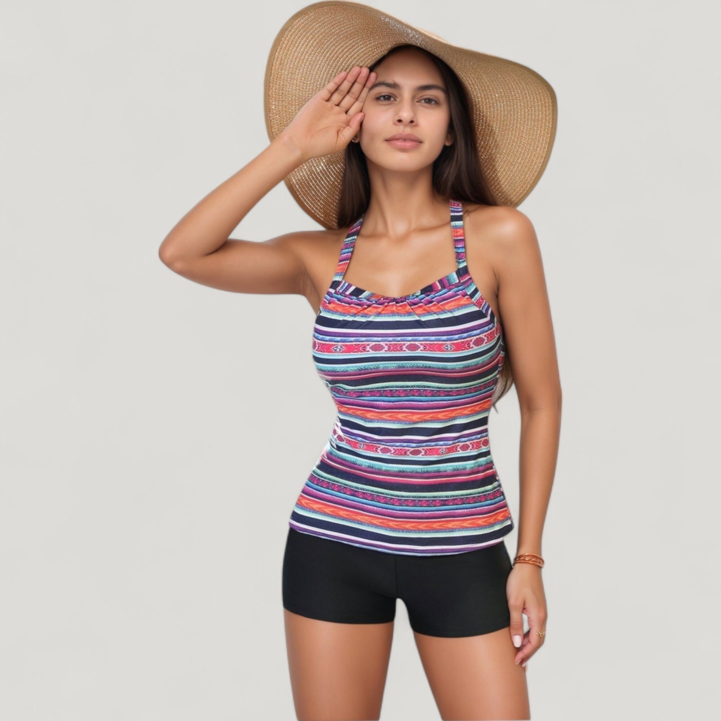 Striped Tankini Top and Mid-Rise Swim Shorts Two-Piece Swimsuit with Ruched Neckline and Wide Shoulder Straps