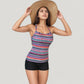 Striped Tankini Top and Mid-Rise Swim Shorts Two-Piece Swimsuit with Ruched Neckline and Wide Shoulder Straps