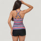 Striped Tankini Top and Mid-Rise Swim Shorts Two-Piece Swimsuit with Ruched Neckline and Wide Shoulder Straps