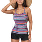 Striped Tankini Top and Mid-Rise Swim Shorts Two-Piece Swimsuit with Ruched Neckline and Wide Shoulder Straps
