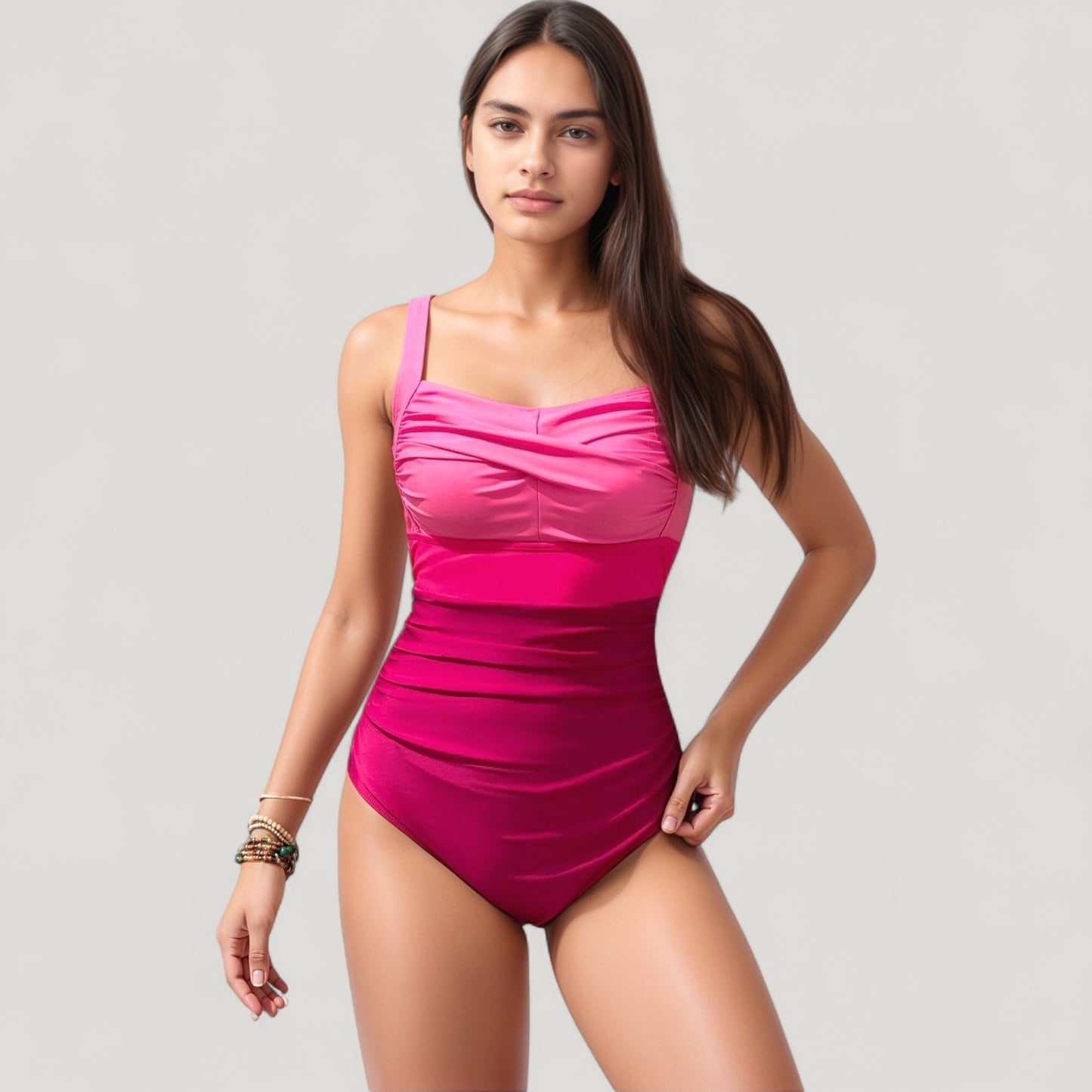 Ruched One-Piece Swimsuit with Wide Shoulder Straps and Colorblock Paneling