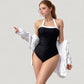 Halter One-Piece Swimsuit with Contrast Trim and Ruched Body for Flattering Support
