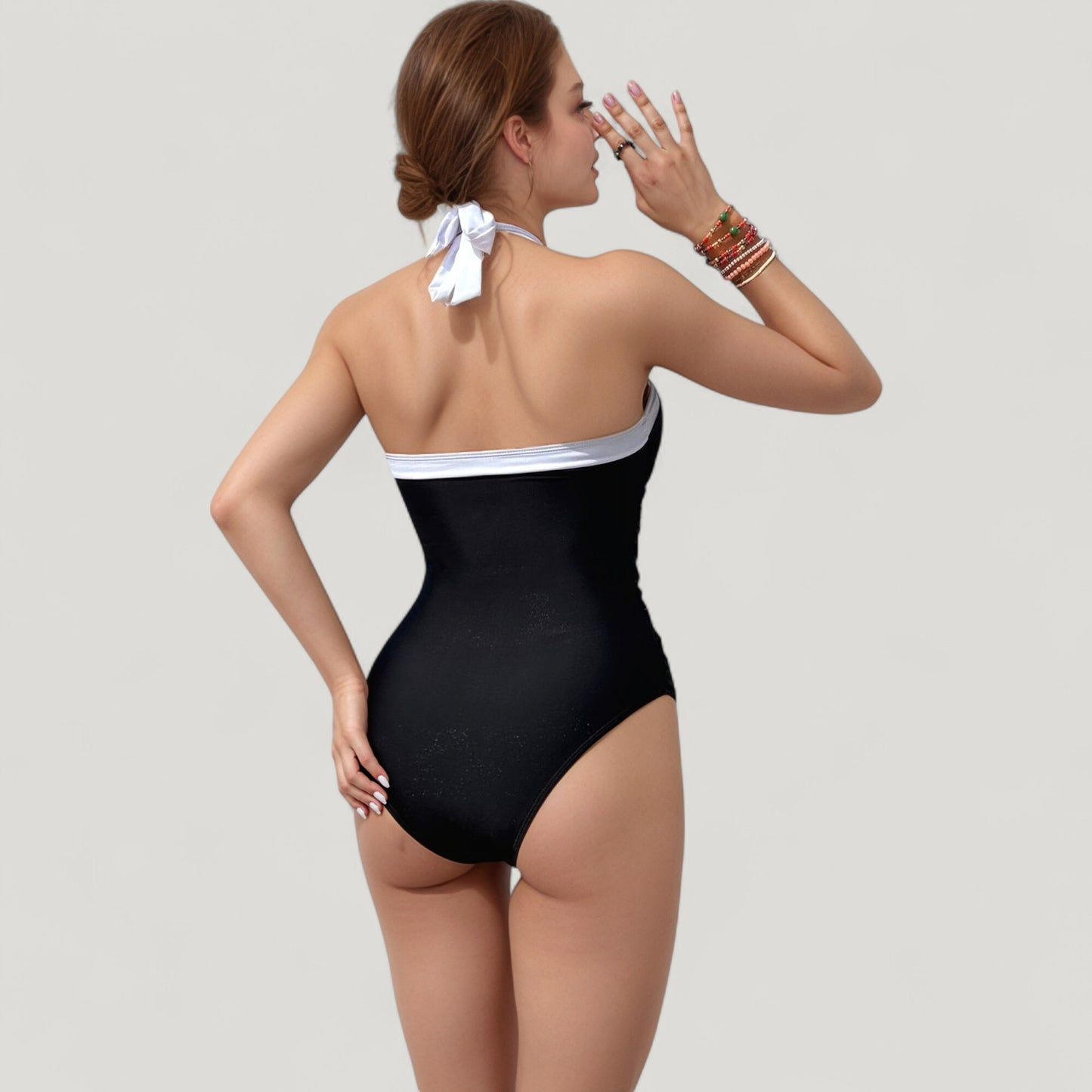 Halter One-Piece Swimsuit with Contrast Trim and Ruched Body for Flattering Support
