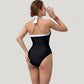 Halter One-Piece Swimsuit with Contrast Trim and Ruched Body for Flattering Support