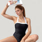 Halter One-Piece Swimsuit with Contrast Trim and Ruched Body for Flattering Support