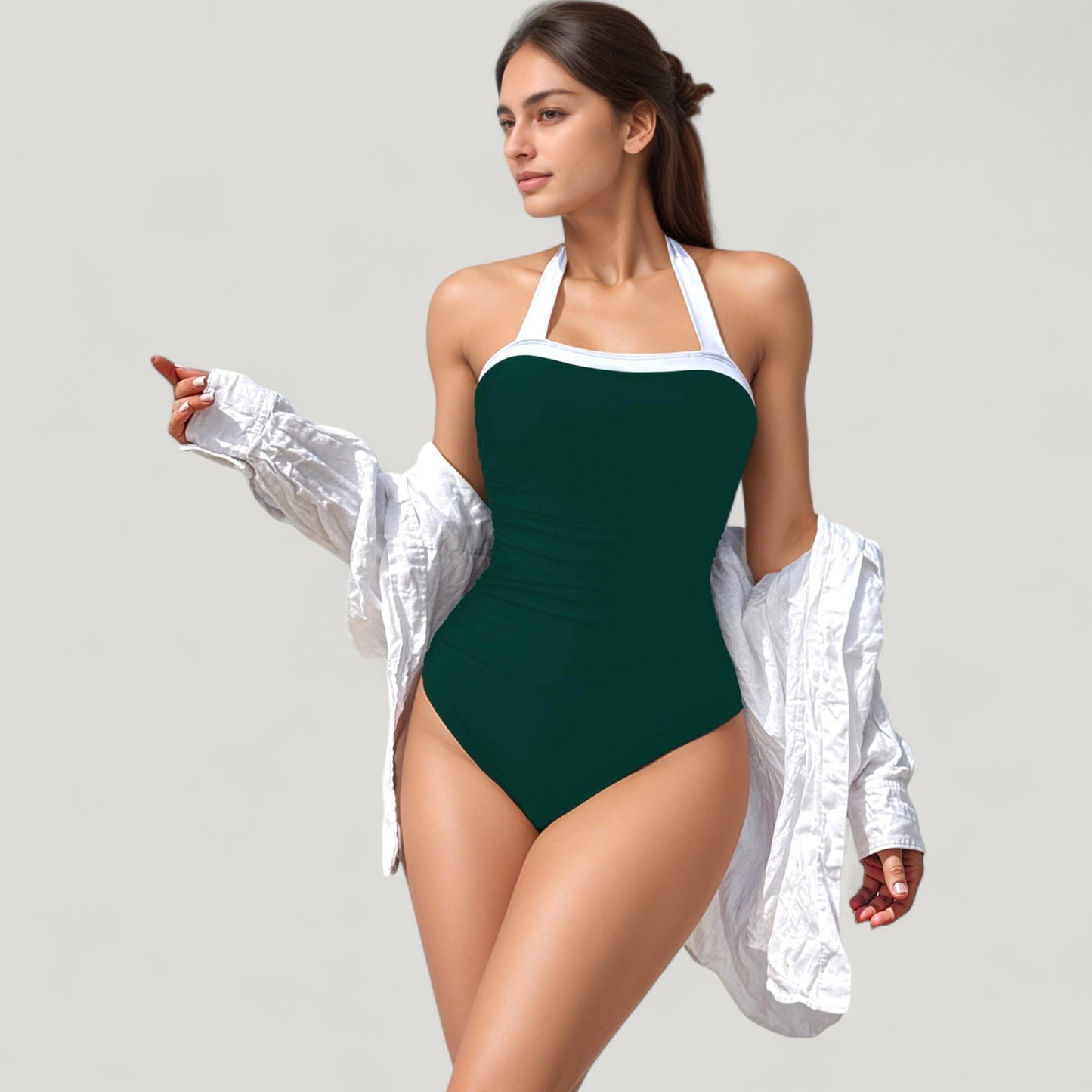 Halter One-Piece Swimsuit with Contrast Trim and Ruched Body for Flattering Support