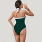 Halter One-Piece Swimsuit with Contrast Trim and Ruched Body for Flattering Support