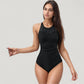 High Neck Mesh Panel One-Piece Swimsuit with Ruched Waist and Full Coverage Design