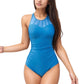 High Neck Mesh Panel One-Piece Swimsuit with Ruched Waist and Full Coverage Design