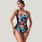 One-Piece Swimsuit with Ruched Floral Front Panel and Slimming Solid Side Insets