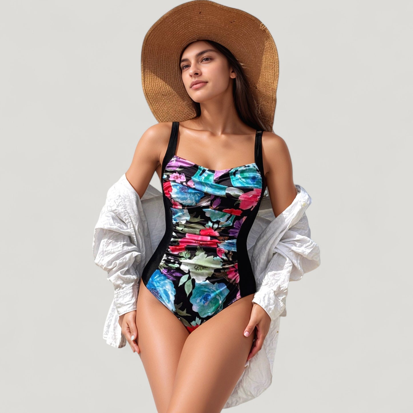 One-Piece Swimsuit with Ruched Floral Front Panel and Slimming Solid Side Insets