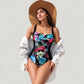 One-Piece Swimsuit with Ruched Floral Front Panel and Slimming Solid Side Insets