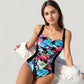 One-Piece Swimsuit with Ruched Floral Front Panel and Slimming Solid Side Insets