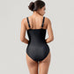 One-Piece Swimsuit with Ruched Floral Front Panel and Slimming Solid Side Insets