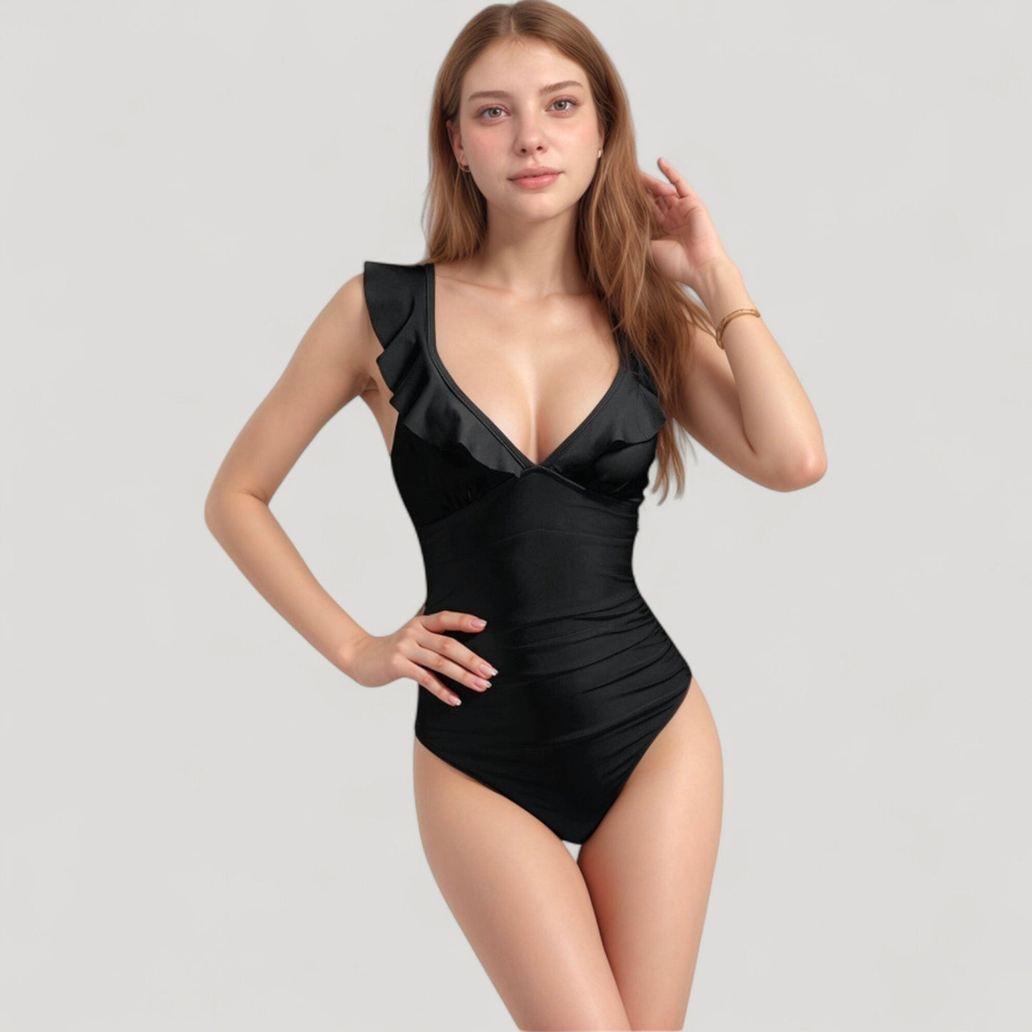 One Piece Swimsuit with Ruffle Shoulder Straps Deep V-Neckline and Front Ruched Detail