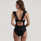 One Piece Swimsuit with Ruffle Shoulder Straps Deep V-Neckline and Front Ruched Detail