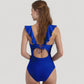 One Piece Swimsuit with Ruffle Shoulder Straps Deep V-Neckline and Front Ruched Detail