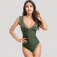 One Piece Swimsuit with Ruffle Shoulder Straps Deep V-Neckline and Front Ruched Detail