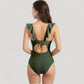 One Piece Swimsuit with Ruffle Shoulder Straps Deep V-Neckline and Front Ruched Detail