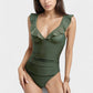 One Piece Swimsuit with Ruffle Shoulder Straps Deep V-Neckline and Front Ruched Detail